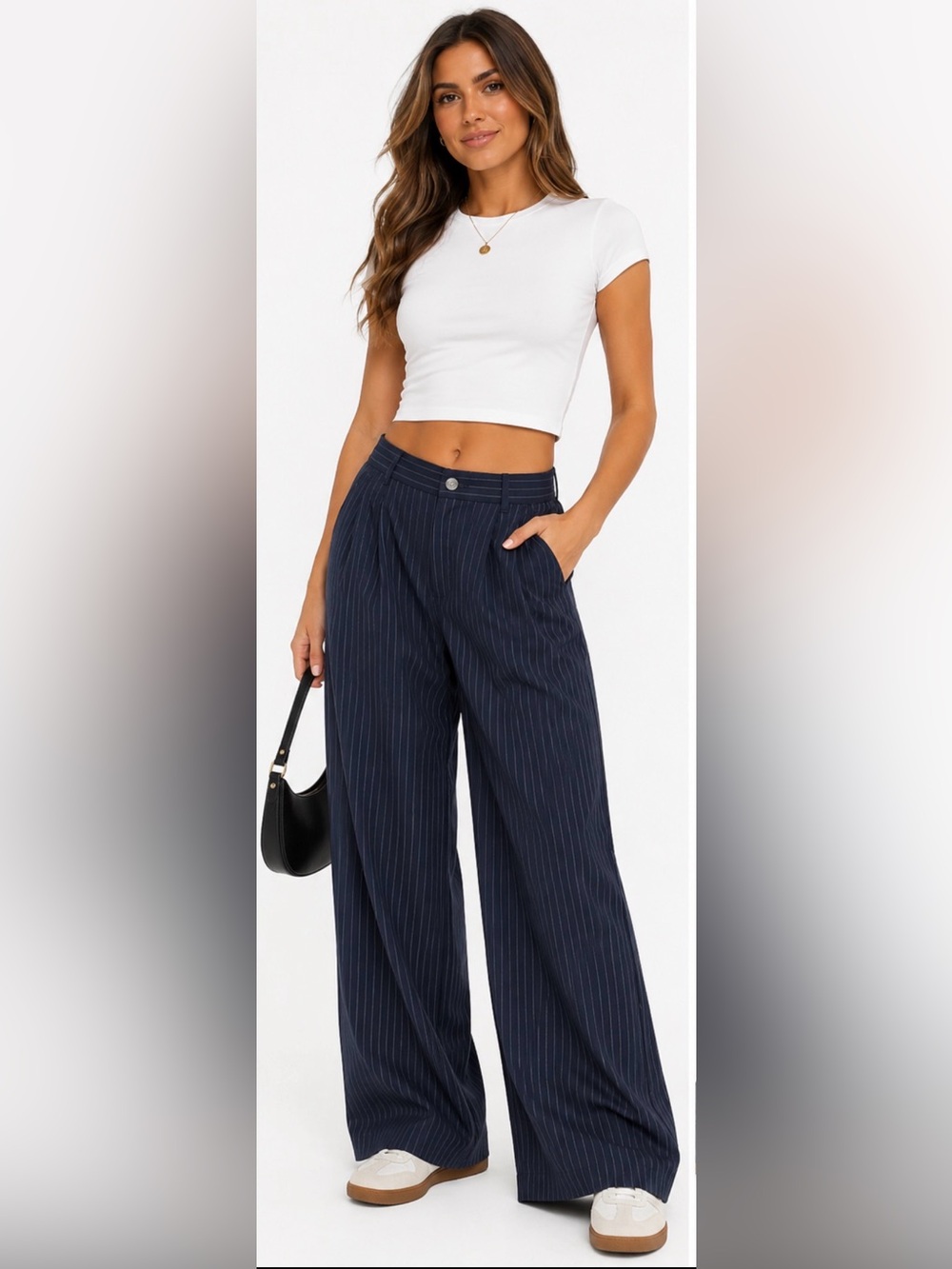 Flamingals Black Pinstripe Wide Leg Pants Size Large NWT High Rise Chic Trousers